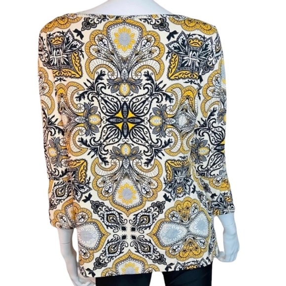 4/$24 Charter Club Mosaic Print Key Hole Yellow Black and‎ White Blouse - Picture 5 of 9